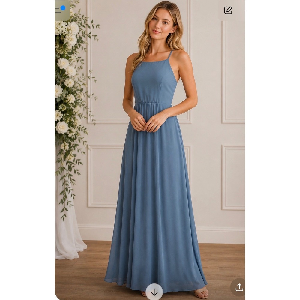 Lulus Air of Romance Slate Blue Chiffon Maxi Dress Backless Formal Gown Medium